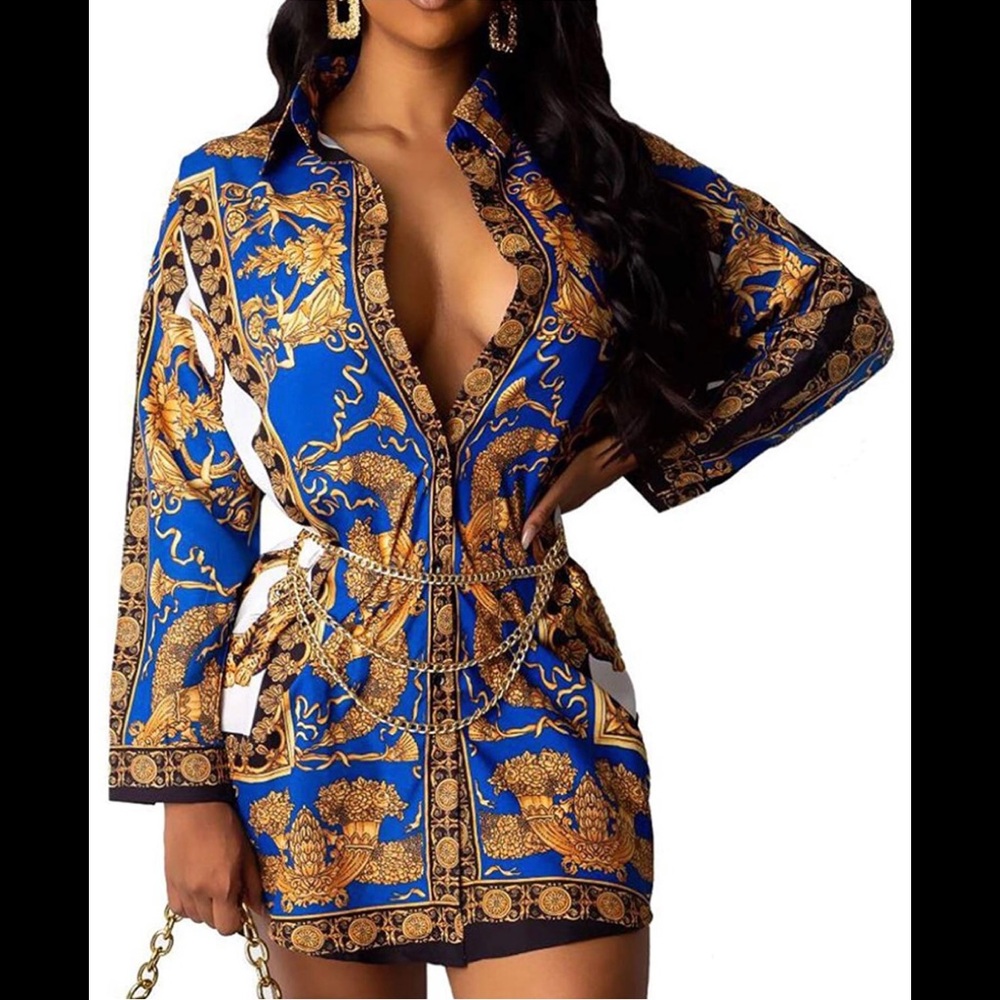 Women Sexy Print Button Down LongSleeve Dress